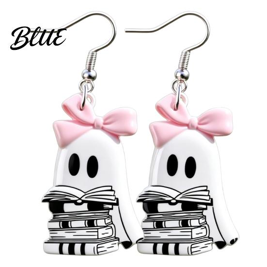 Lightweight Acrylic Earrings Cute Reading Ghost Earrings Sweet Bowknot Drop Unique Halloween Gifts Jewelry for Women Girls Fashionable
