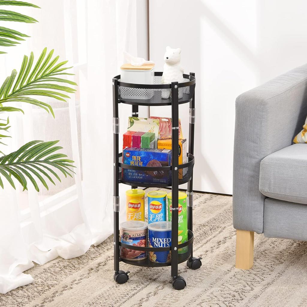 3-Tier Metal Storage Rolling Cart, Collapsible Utility Cart, No Assemble, Multifunction Serving Organizer Trolley with Lockable Wheels for Kitchen