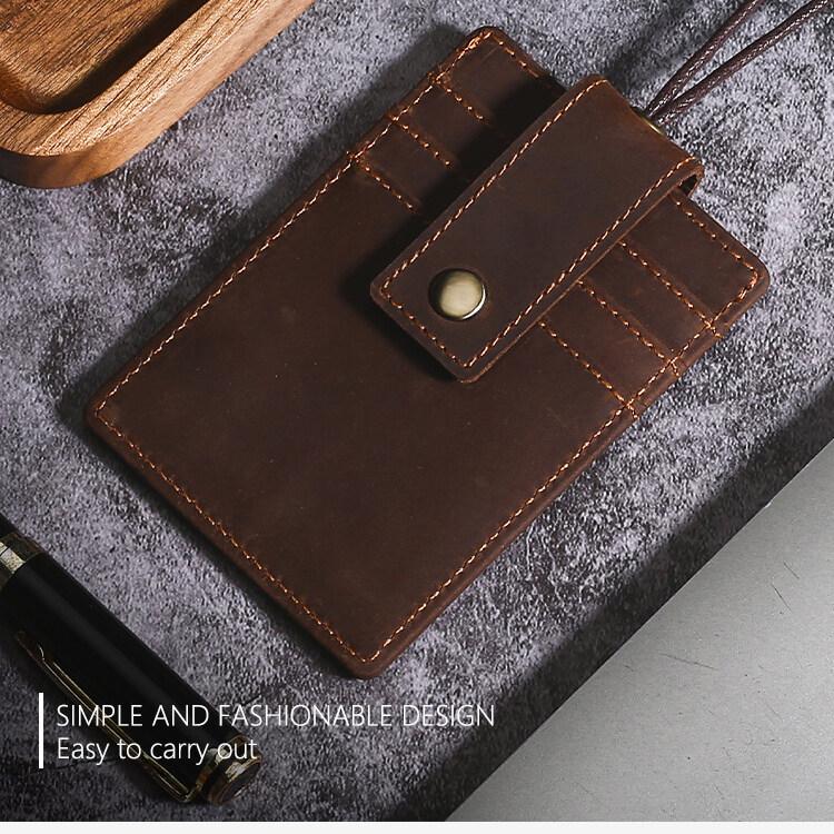 US Retro Crazy Horse Leather ID Card Badge Holder with Lanyard for Mens Multi Card Slots Coffee Cards Cases Office Supplies