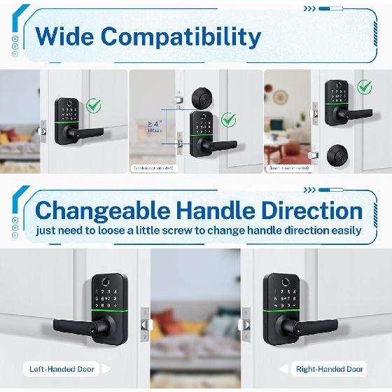 Keypad Smart Door Lock with Handle: Kucacci Keyless Entry Fingerprint Lock - Digital Code Handle with Keypad - Electronic Smart Knob for Front Door -