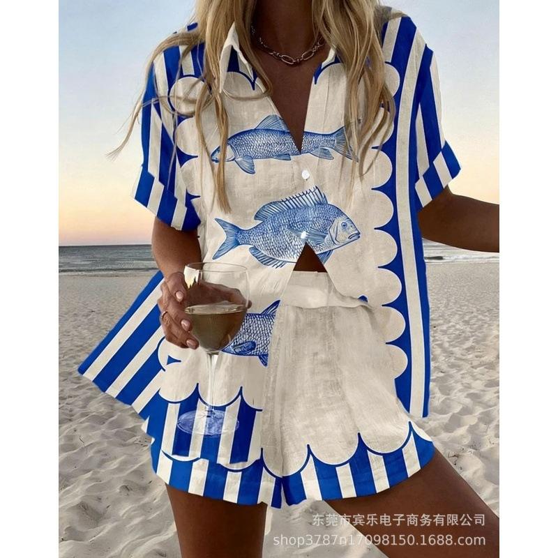 Conjunto de pantalones cortos de playa y camisa de manga corta para mujer, multicolor, vida marina, ocio, vacaciones, conjunto de dos piezas