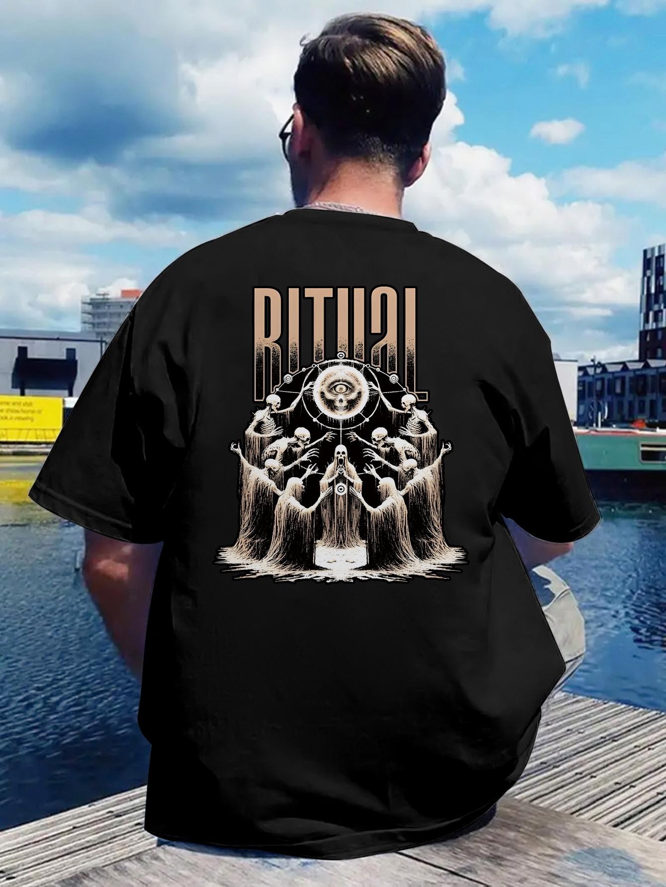 Retro Rock Band Graphic T-shirt - Ritual Design with Skull & Floral Patterns XXXXL
