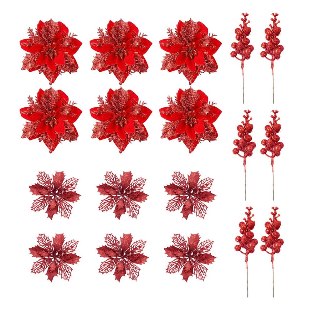 

18 Piece Christmas Artificial Flower Berry Set With Sparkling Stem Festive Wreath Decor Branches For Christmas Trees Wreaths червоний