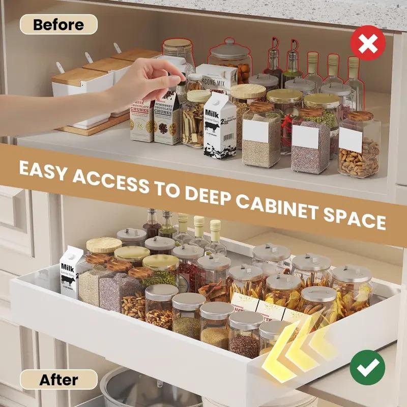 Pull-out cabinet organizer, 16.5 in deep expandable drawer (17-26.7 in), heavy-duty slide out with adhesive film, no drilling