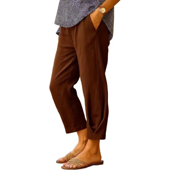 Women Pants Mid-rise Elastic Waist Solid Color Casual Trousers with Pockets Loose Fit Leisure