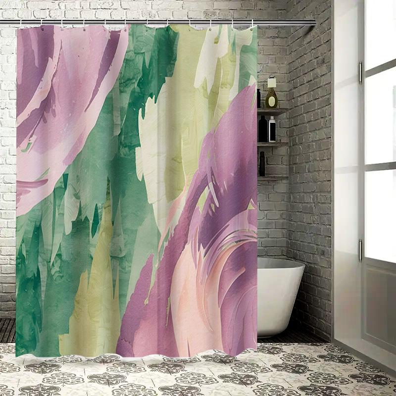 

Soft Floral Print Shower Curtain Waterproof Bath Decoration Purple Green White Abstract Pattern Decorative Polyester Fabric 72X8 W60H190(CM)-1 Pcs