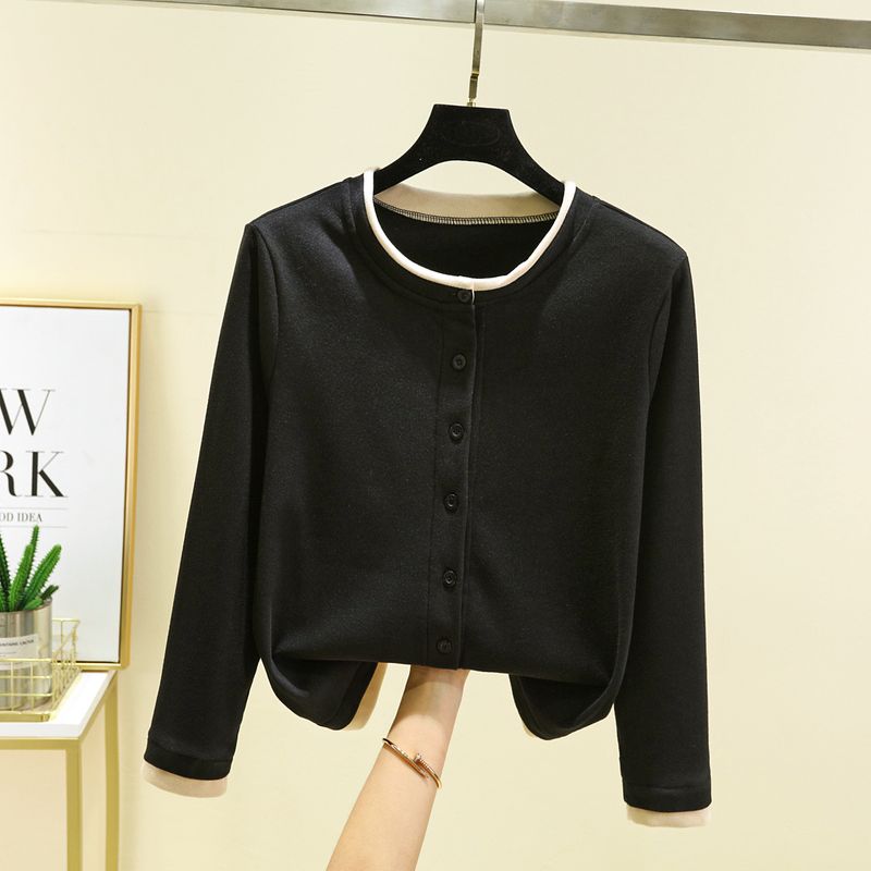 Double-sided Dralon Cardigan Top Long sleeve All-Matching Women Casual Age-Reducing Outerwear Loose Slimming round Neck Home Wear Top