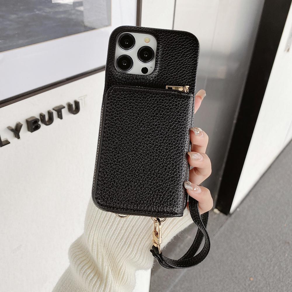 Für iPhone 16 Pro Hülle Reißverschluss Kartenfächer PU Leder Handy Rückseite mit Handschlaufe