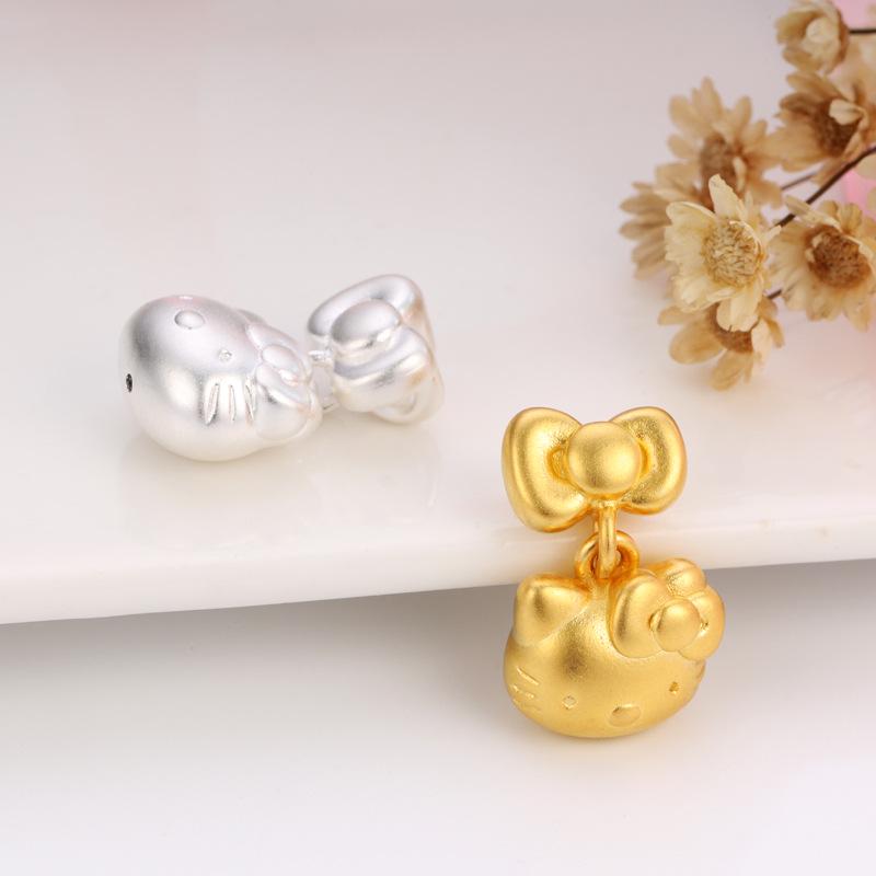 Sterling Silver Hello Kitty Pendant Charm with 999 Fine Silver Bow and Beaded Cartoon Cat Design