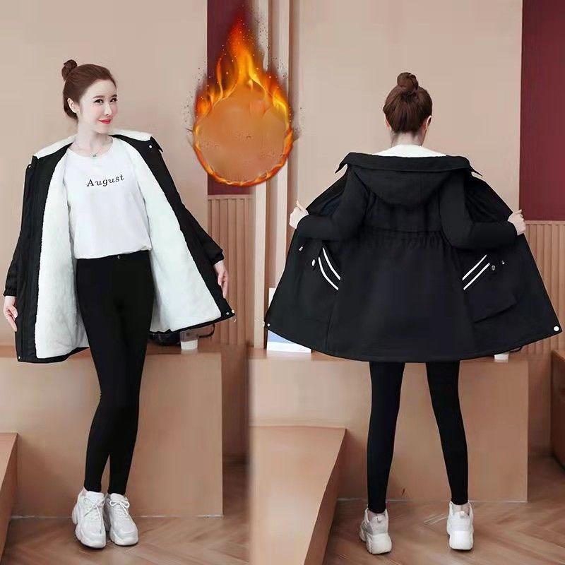 Fluffy and Thick Cotton Clothing, Autumn and Winter Korean Version, Waist Tightened, Versatile Mid-length Trench Coat, Cotton Coat Women's Trend