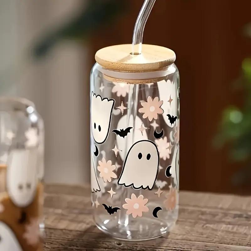 Halloween Drinking Cup with Lid and Straw 18.7oz/550ml Canned Glass Cup Cute Kawaii Coffee Cup Juice Water Cup Milk