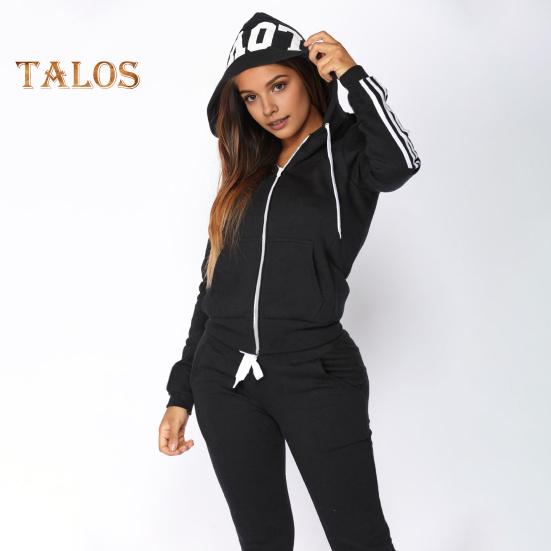 2 Pcs/Set Women Hoodie Pants Suit Hooded Long Sleeves Solid Color Zip-up Coat Elastic High Waist Ankle-banded Trousers Sport Fall Winter Tracksuit