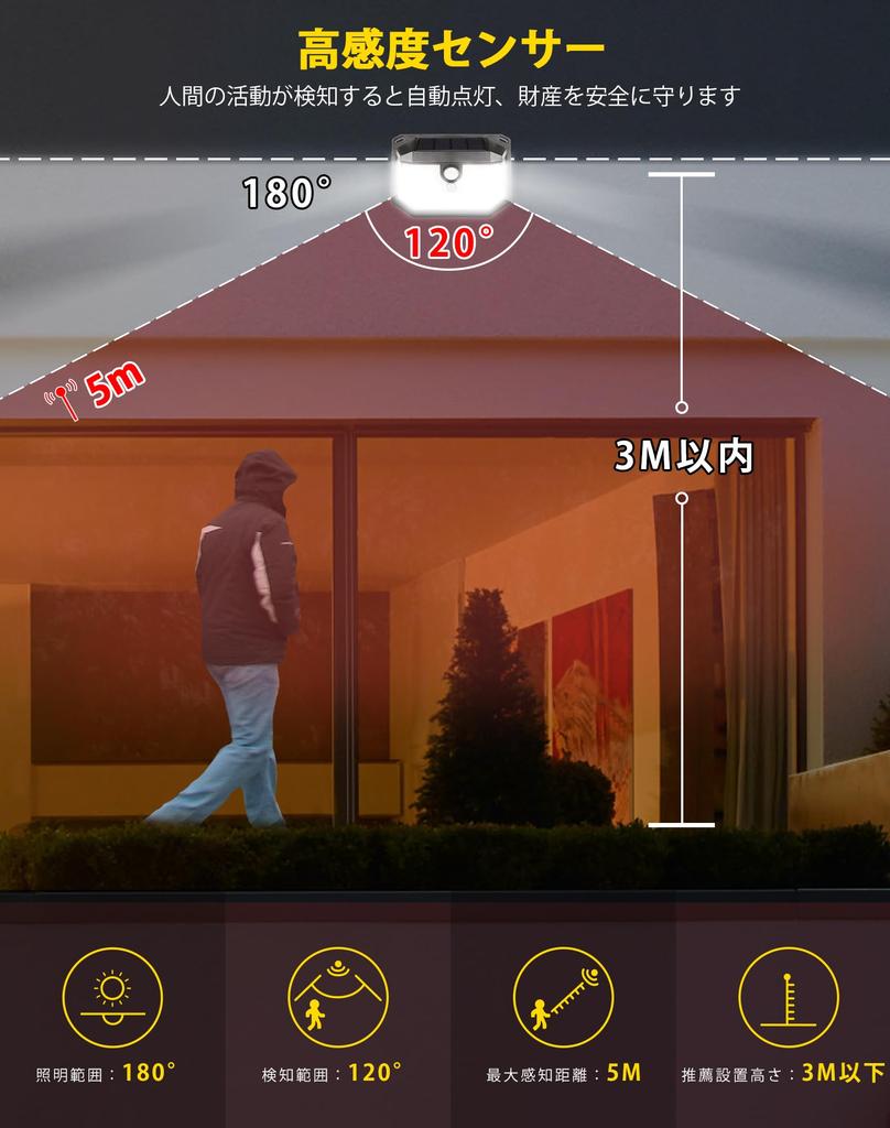 Solar Light, Outdoor, IP65 Waterproof, Sensor Light, 2200mAh High Capacity, High Sensitivity, Security Light, 230 Bright LEDs, 3-Sided Lighting, 3