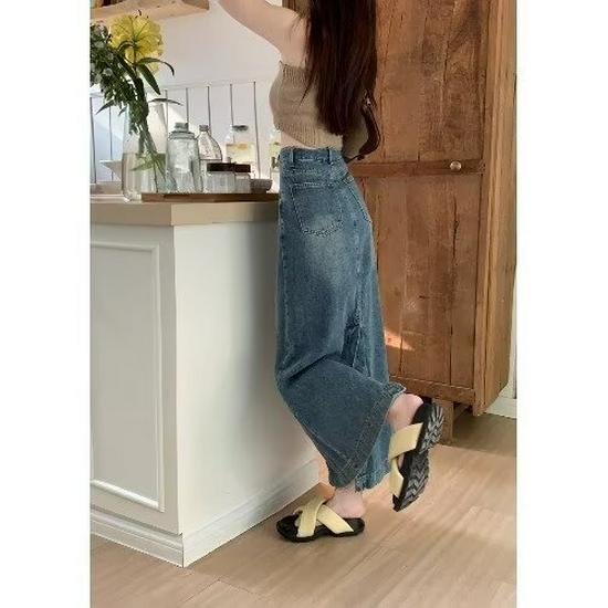 High-Waist Denim A-Line Midi Skirt - Plus Size, Retro, Back Slit, Spring/Autumn 2025