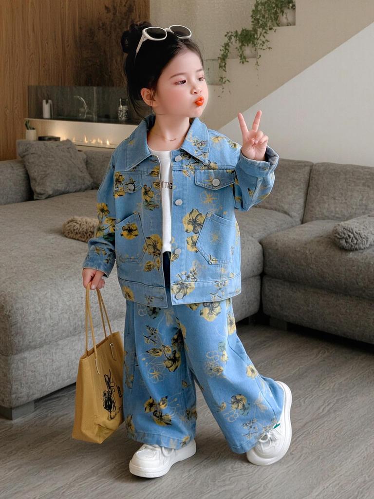2025 Autumn Girls' Floral Denim Two-Piece Set – Trendy Wide-Leg Pants and Jacket