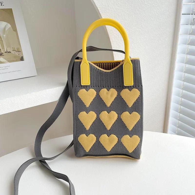 Candy Color Knitted Mini Mobile Phone Bag Heart Knitted Design Square Handbag Girls Cute Outdoor Shoulder Handbag and Hand Bag