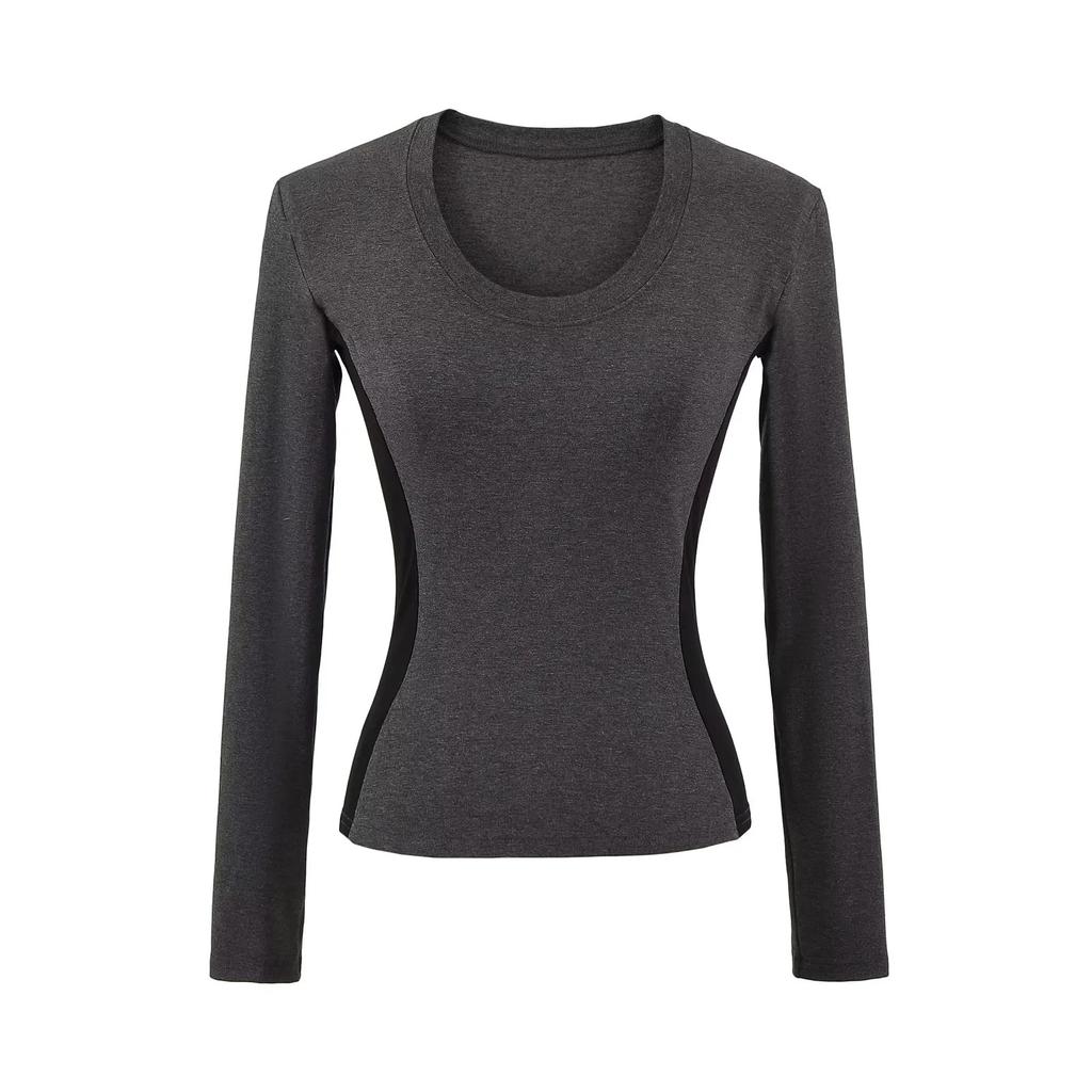 Four Color Autumn Women'S Clothing New Style Spliced Small Round Neck Base Shirt Contrasting Color Top Tight T-Shirt