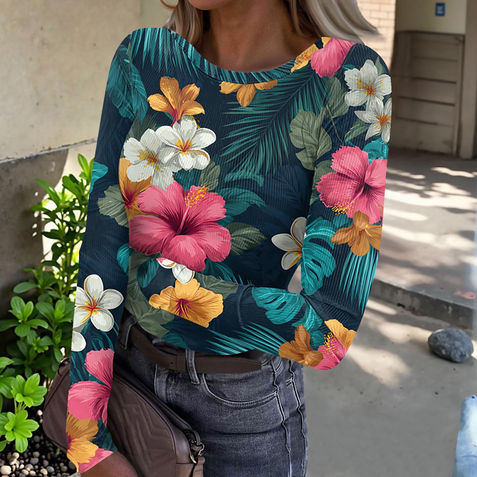 

Women s Casual Fashion Round Neck Hawaiian Print Long Sleeve Ribbed Top L зелёный