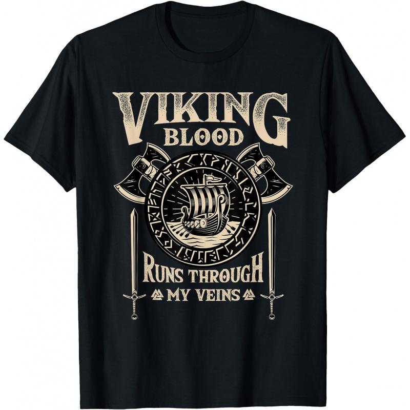 Viking Blood Runs Through My Veins Nordic Gift TShirt Celtic Runes Norse Myths Valhalla Graphic clothes All size tops S