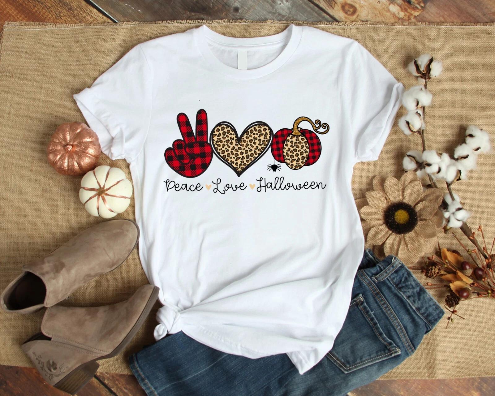 Peace Love Halloween Leopard Print Buffalo Plaid Pumpkin Gift Men s and Women s T-shirts XXL