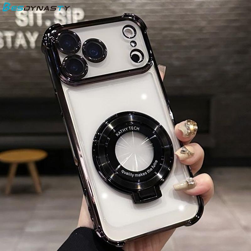 Luxury Plating Shockproof Magnetic Holder Case For iPhone 17 Air 15 16 11 12 13 14 Pro Max Plus For Magsafe With Stand Cover