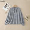 Women Casual Bows Splice Crew Neck Long Sleeve Ribbed Texture Loose Blouse