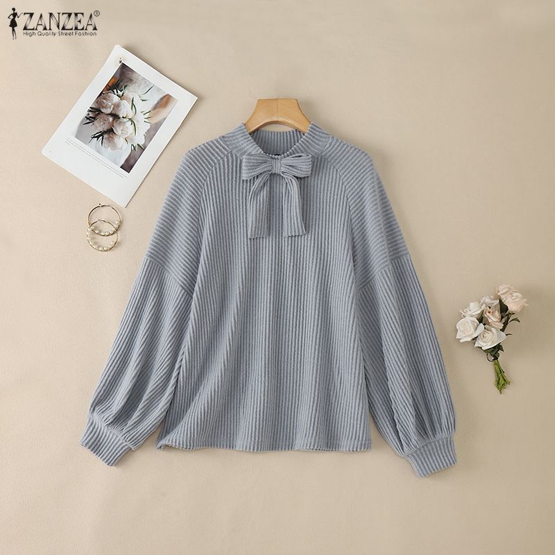 ZANZEA Autumn Women Bows Splice Crew Neck Long Sleeve Ribbed Texture Loose Blouse