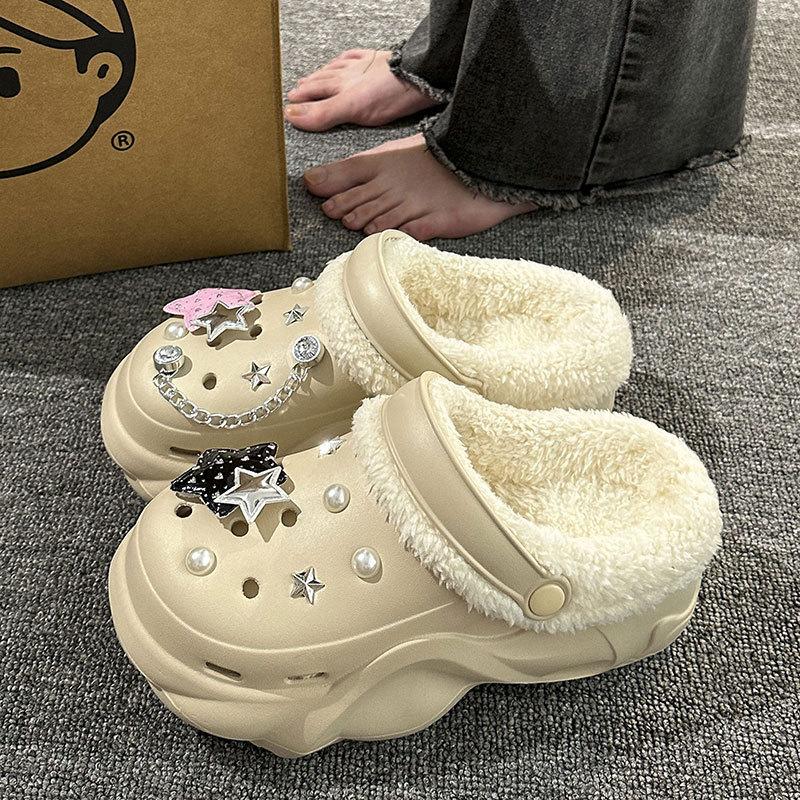 New velvet hole shoes women's winter non-slip outer wear cotton shoes heightened thick-soled home removable cotton slippers