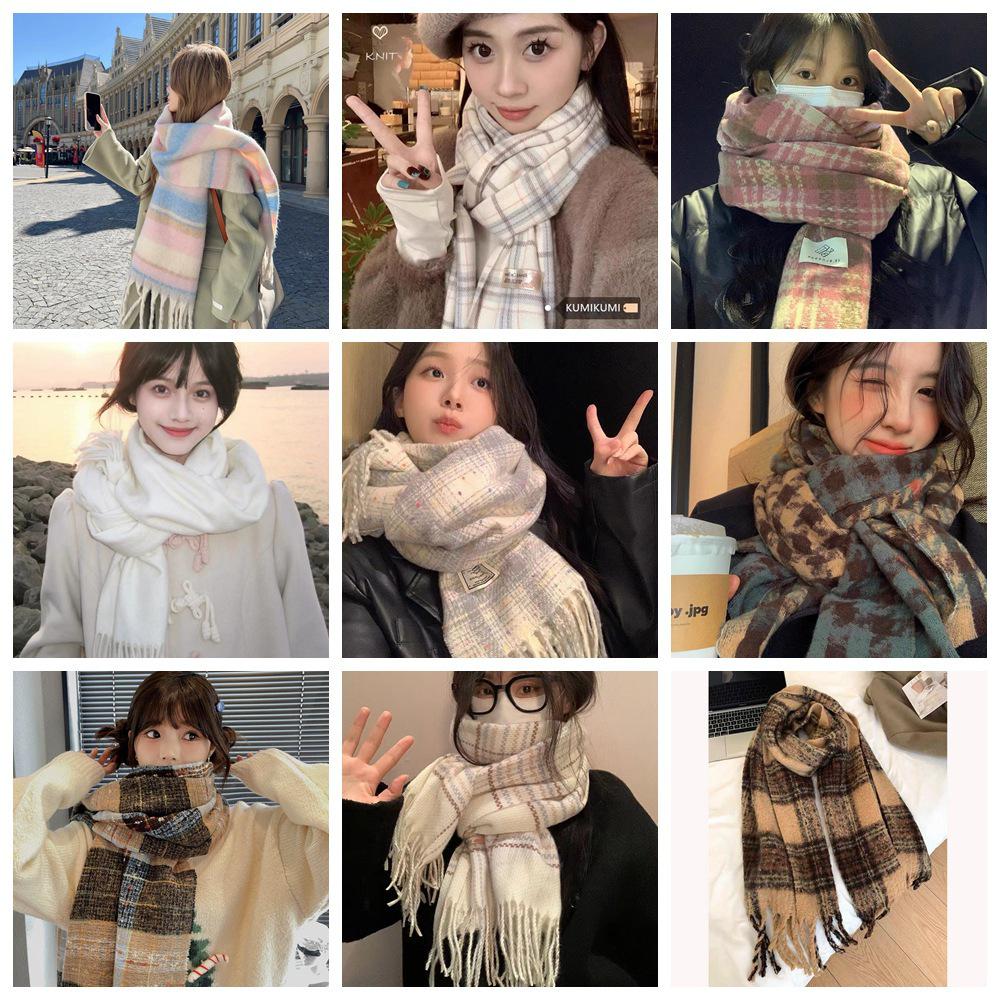 Korean Style Plaid Thickened Winter Shawl Scarf for Women