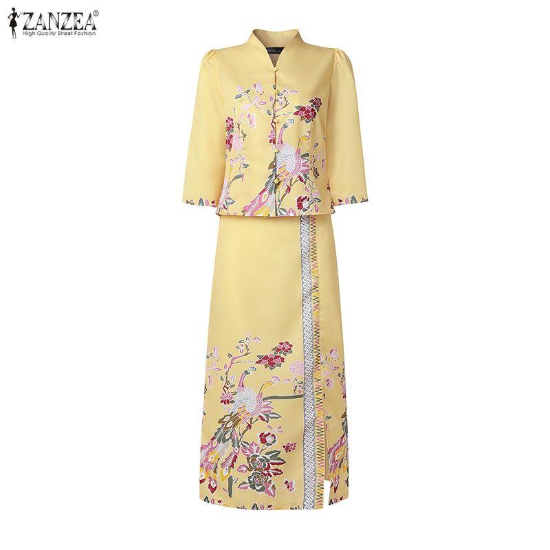 ZANZEA Women's 3/4 Sleeve V-Neck Printed Two Piece Set