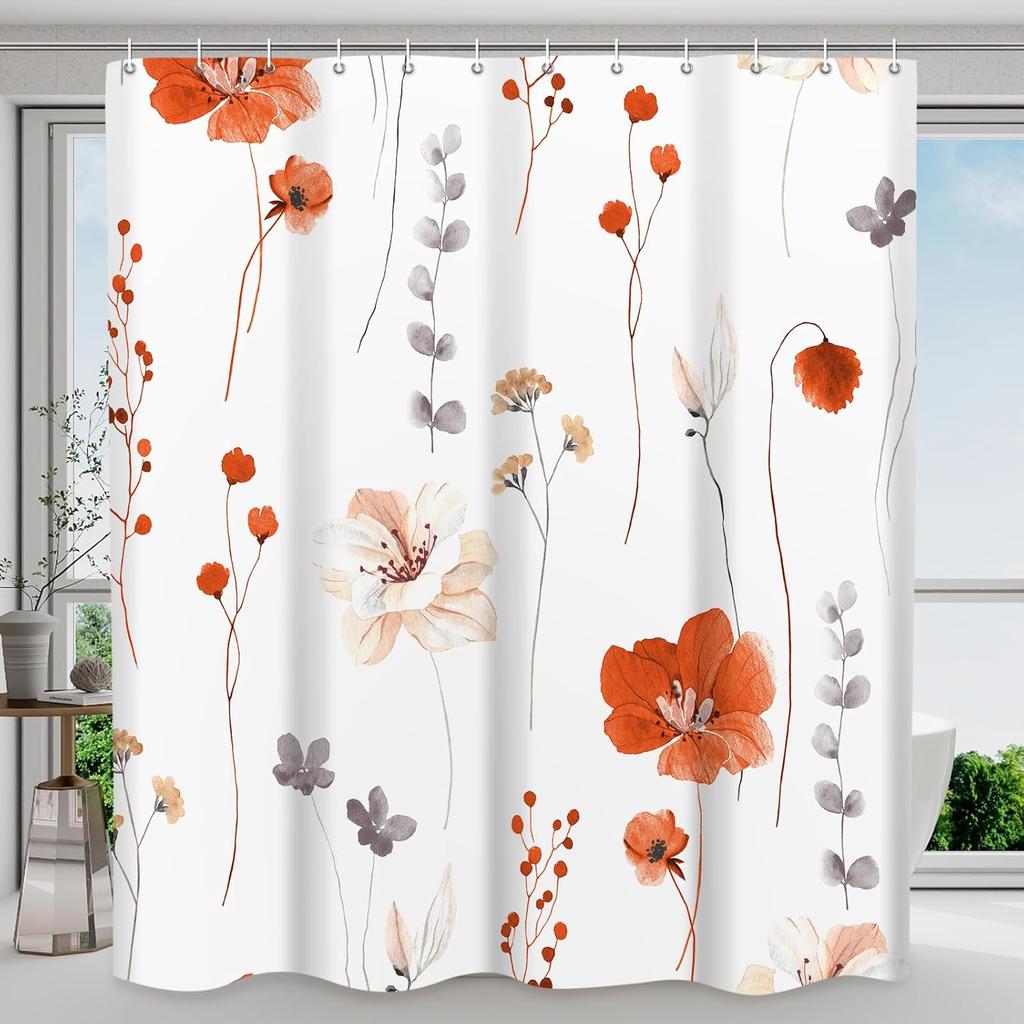 Shower Curtain Watercolor Flower Shower Curtain Sets - Spring Burnt-Orange Floral Plant Shower Curtains for Bathroom