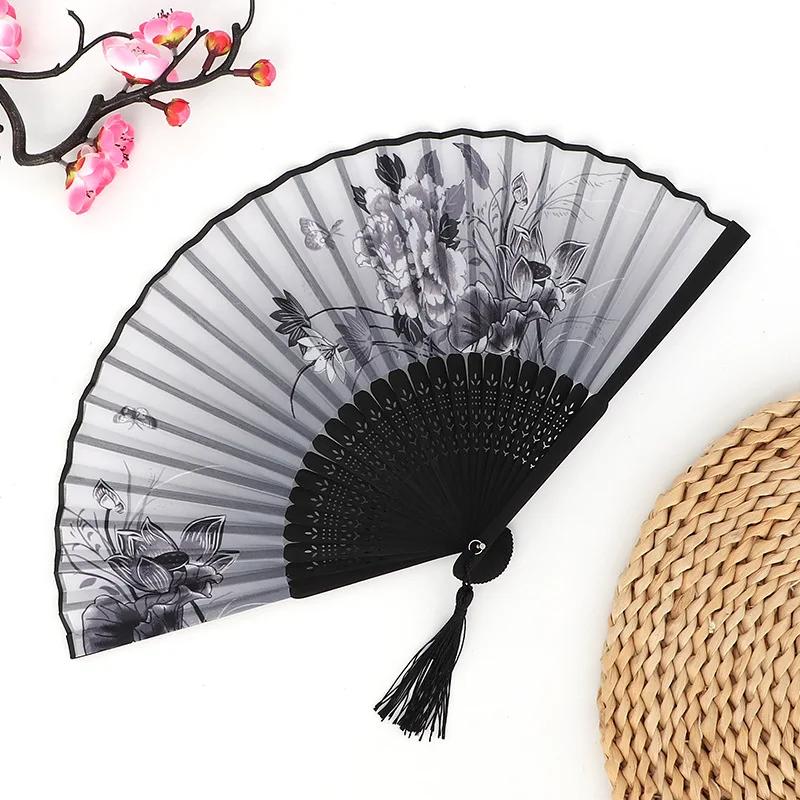 1pc-Retro Ink Orchid Silk Folding Fan New Chinese Style Ancient Lotus Hand Fans Close Friend Gift Classic Hanfu Decorated Crafts
