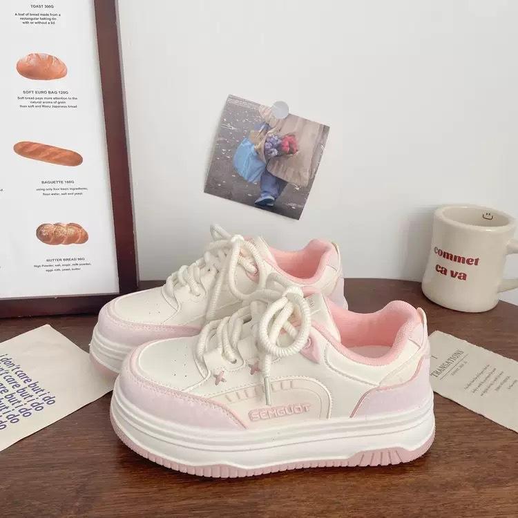 Platform white shoes women's 2025 autumn new fashion versatile color matching board shoes female students sports and leisure shoes pink