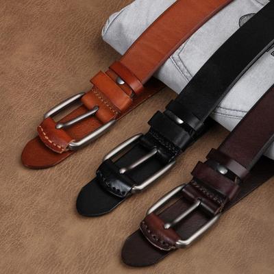 Men'S Belt First Layer Cowhide Retro Style Casual Simple Pure Handmade Leather Pin Buckle Belt Bag Leather Button Head
