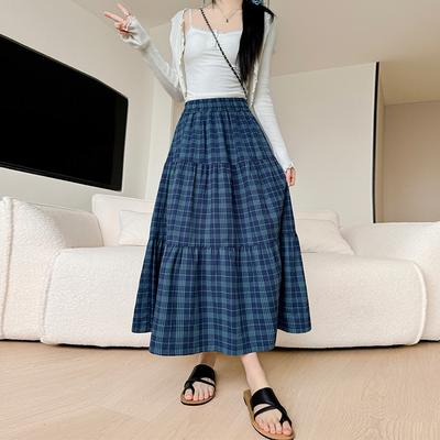 Pure Cotton Plaid Skirt for Women Summer New Slim Retro A-line Umbrella Skirt Mid-length College Style Cake Skirt