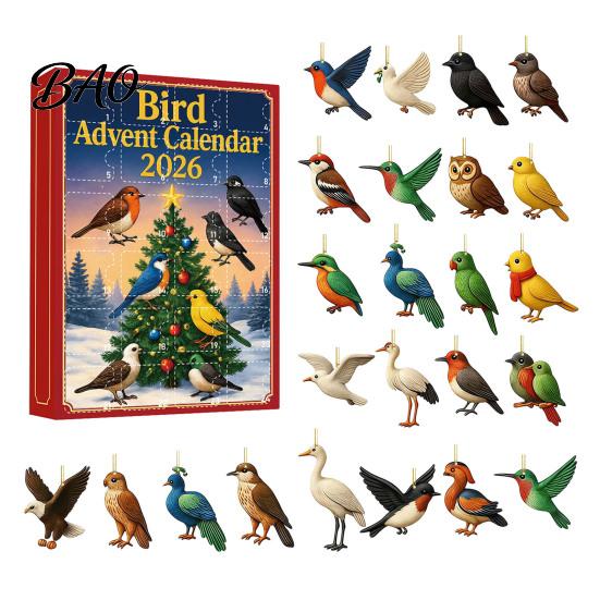 Christmas Party Bird Favors 24 Day Advent Calendar with 2D Flat Acrylic Hanging Pendants, Detailed Animal Shaped Decors Countdown Calendar,