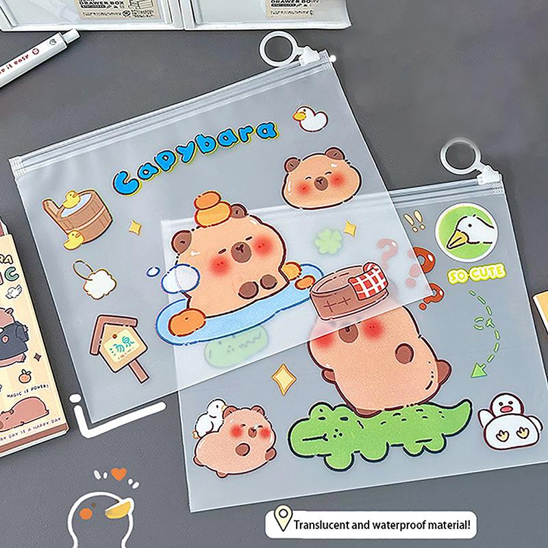 Söt Tecknad Capybara Transparent Dokumentficka Studenter Informationsväska Stor Kapacitet Förvaringsväska för Testpapper Pappersmapp