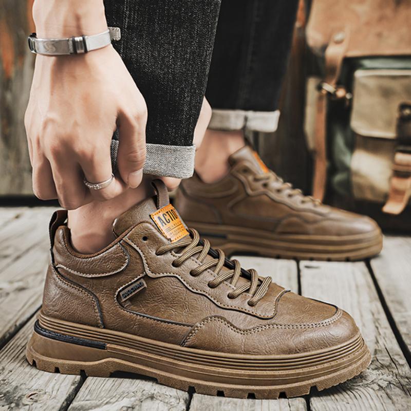 New Men's Shoes PU Leather Casual Shoes for Men Fashion Platform Sneakers Solid Brown Male Walking Shoe Hombres Ankle Boots