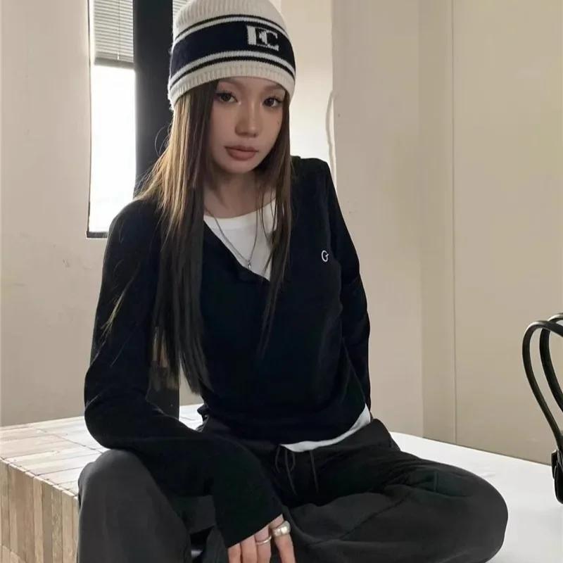 

VAYLA Футболка с длинными рукавами в корейском стиле, с круглым вырезом для женщин, имитация двух вещей, футболки, женский топ, одежда M чёрный