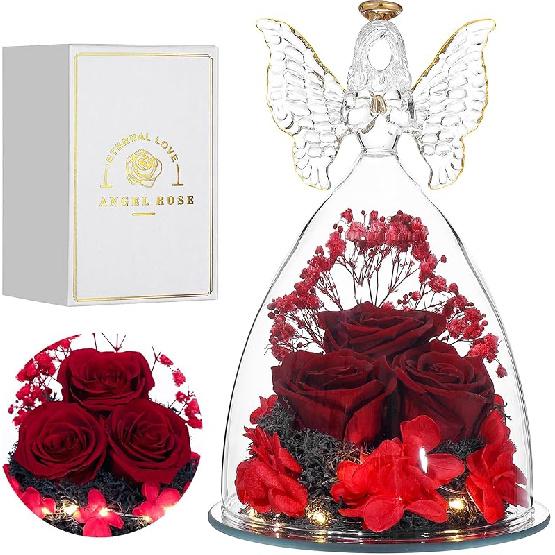 Mothers Day Mom Gifts for Women Preserved Flowers in Glass Angel Forever Flowers Gifts Eternal Roses Gifts for Grandma, Light Purple