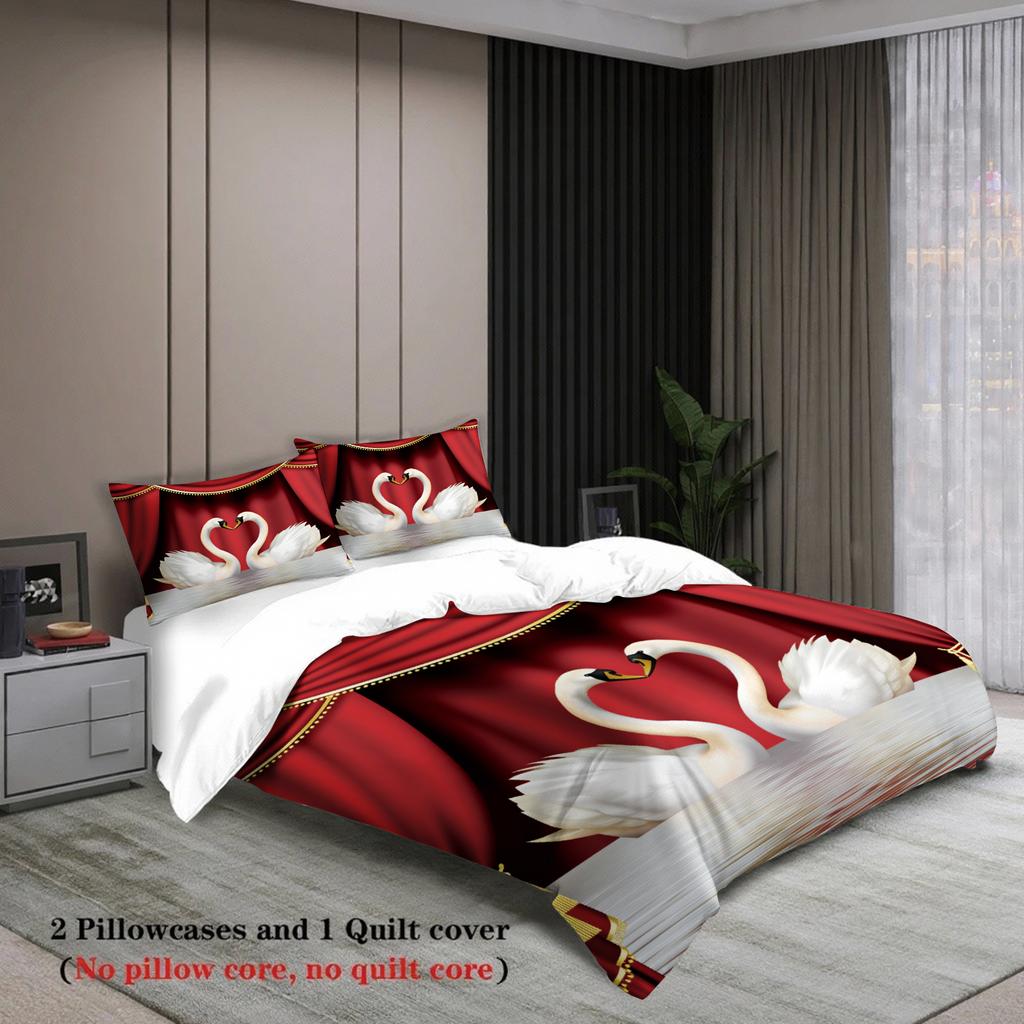 3pcs Swan Couple Bedding Sets 3D Printed Romantic King Full Size For Couples Gifts Duvet Cover With 2 Pillowcases Bedroom Decor