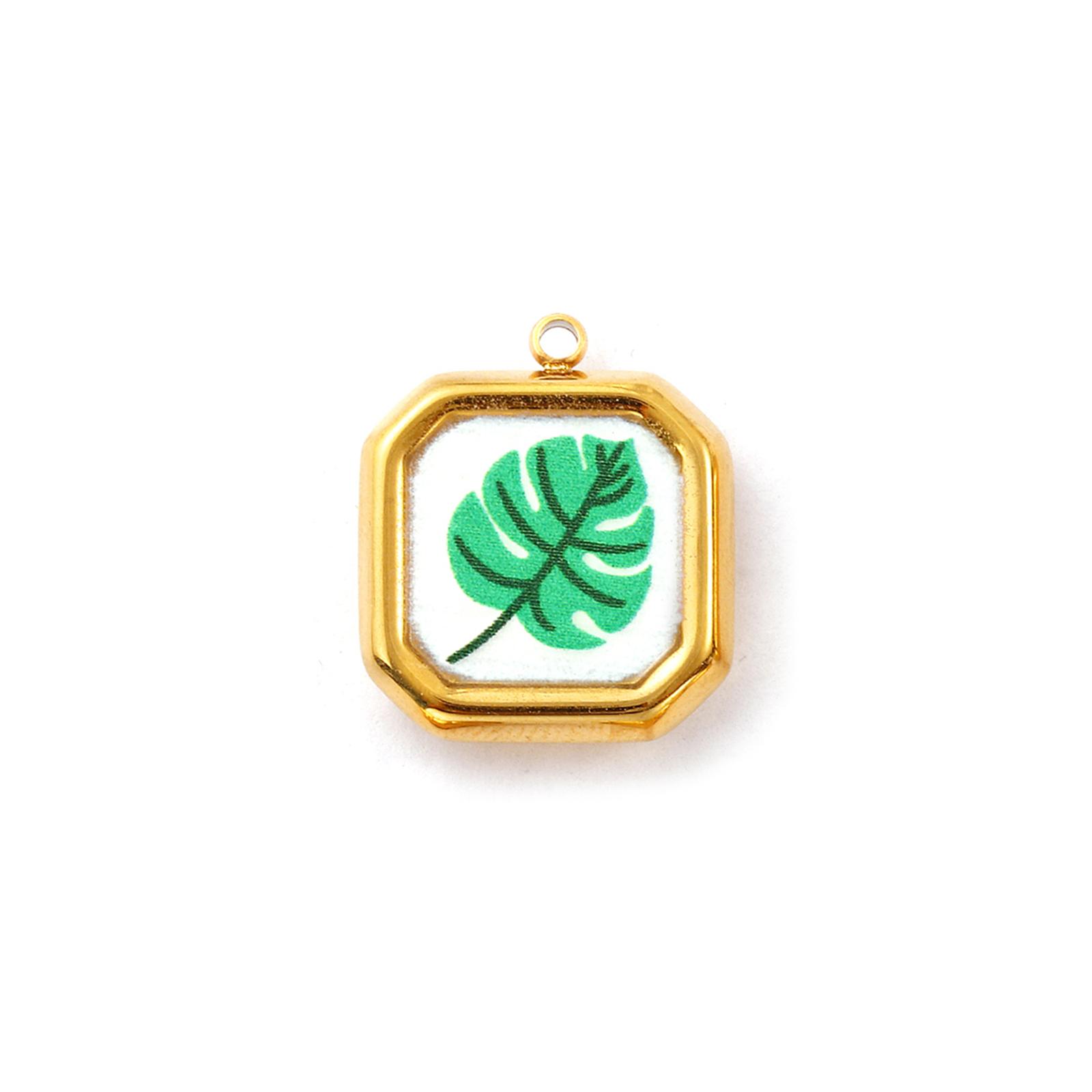 

2 PCs 304 Stainless Steel Charms 18K Gold Plated Enamel Octagon Leaf Pendants For DIY Necklace Jewelry Making 18mm x 16mm