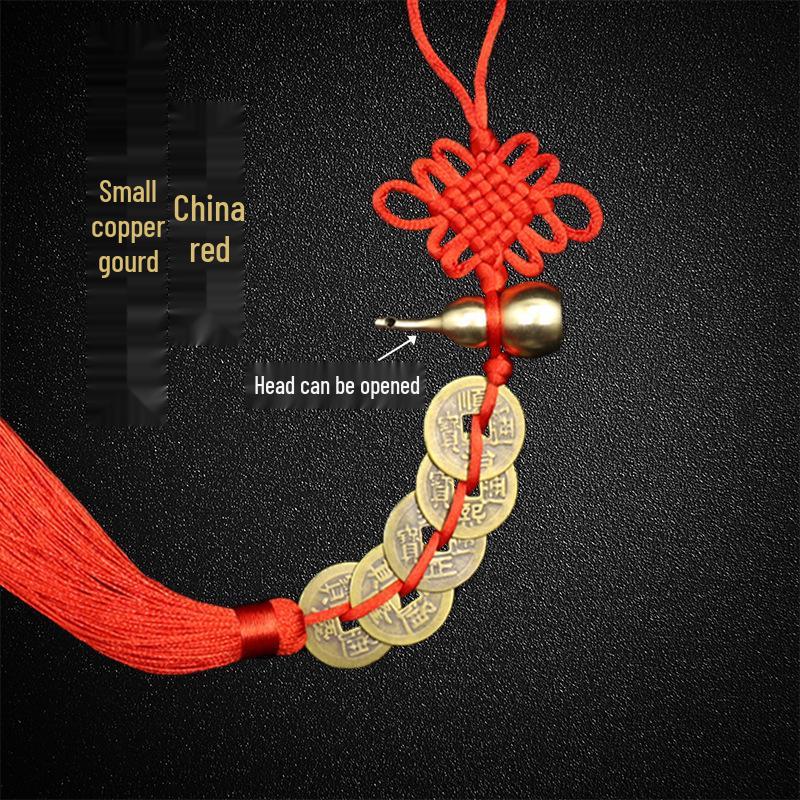 Copper Gourd Five Emperors Coins Chinese Knot Feng Shui Hanging Ornament for Car or Door.