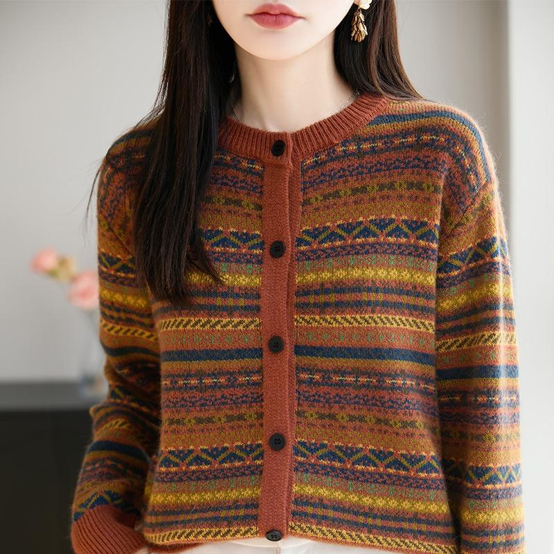 Thickened Cardigan Women's Round Neck Sweater Jacket Retro Jacquard Contrast Color Design Bottoming Shirt