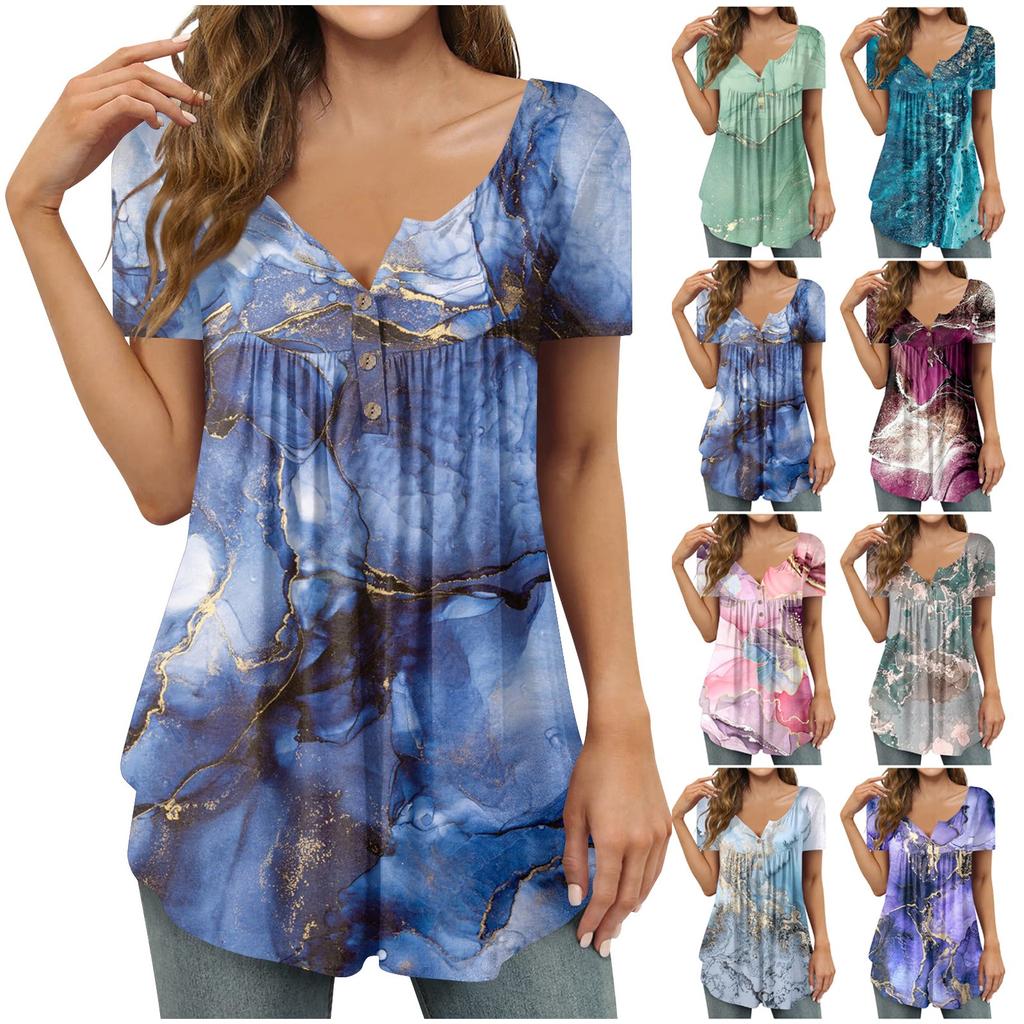 Women's Fashion Floral Printing Pleated Short Sleeve Casual T-shirt Button Top