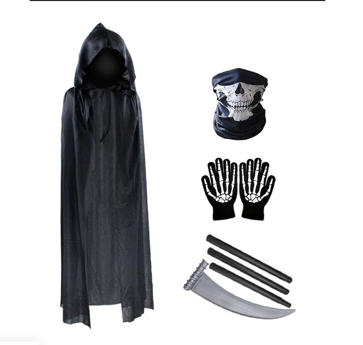 Halloween Scary Costume Grim Reaper Costume for Boys Kids Costume with Glowing Red Eyes with Gloves Mask