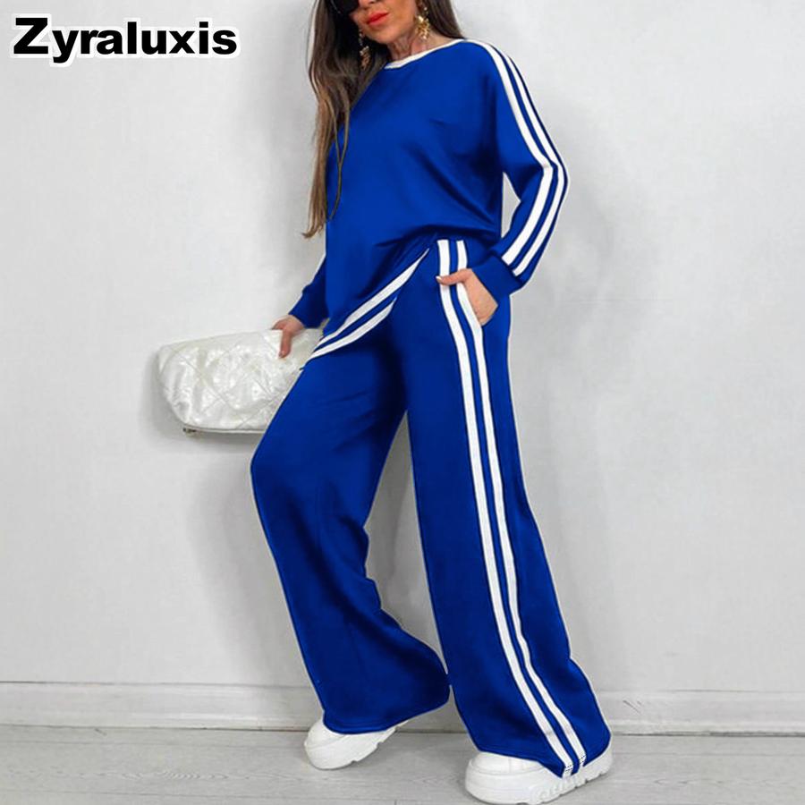 Fall Winter Fashion Casual Striped Long Pants with Long Sleeve New Style Crew Neck Set Women's Clothing