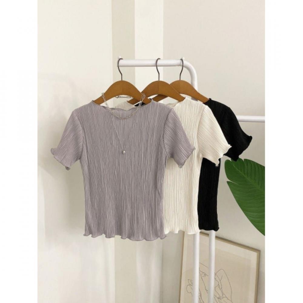 Honey J YeTi BoaT Neck Wave PleaTed ShorT Sleeve T shirT 3color