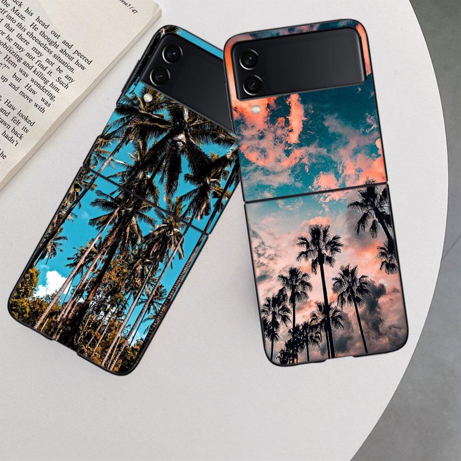 Sea Tropical Palm Trees Beach Case for Samsung Galaxy Z Flip 6 Flip 5 4 3 5G Black Cell Phone Cover Samsung Z Flip 5 5G Luxur
