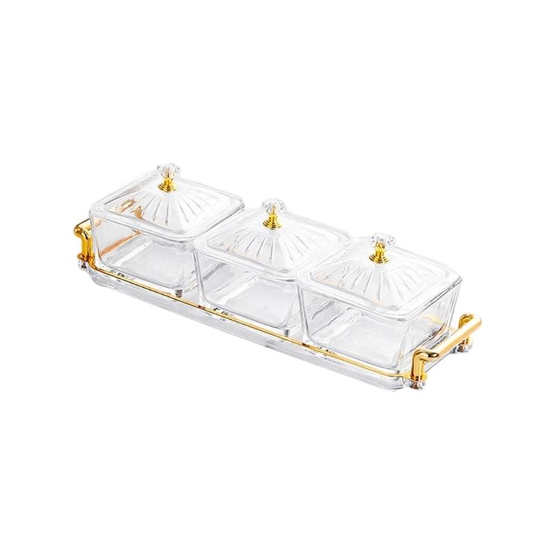 Glass 3 Section Snacks Organizers With Protective Lid And Tray and Removable Bowls For Kitchen Dining Room Display